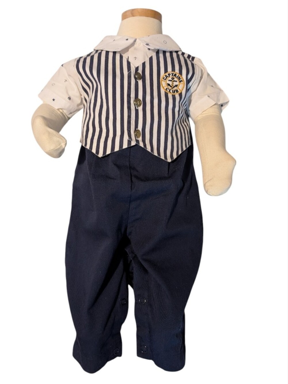 80s 90s Vintage Infant Boys Nautical Captains Club Outfit Romper 6/9 Months